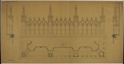 219009 Plattegrond, doorsnede en aanzicht van een ontwerp voor de met kruisbloemen en pinakels versierde balustrade van ...